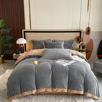 91家纺网 家纺一手货源 找家纺 铠畅 2022新款230克轻奢简约烂花绒牛奶绒剪花四件套 巴伦-灰