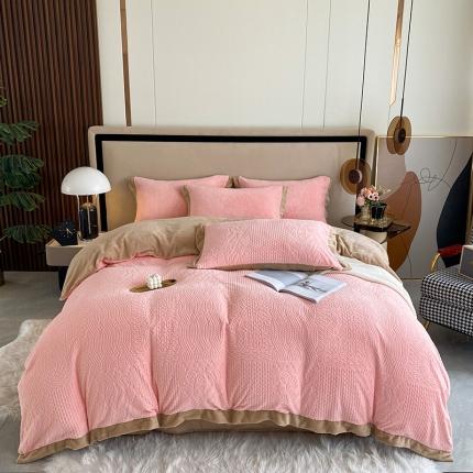 91家纺网 家纺一手货源 找家纺 铠畅 2022新款230克轻奢简约烂花绒牛奶绒剪花四件套 魅力熊-粉