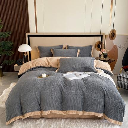 91家纺网 家纺一手货源 找家纺 铠畅 2022新款230克轻奢简约烂花绒牛奶绒剪花四件套 魅力熊-灰