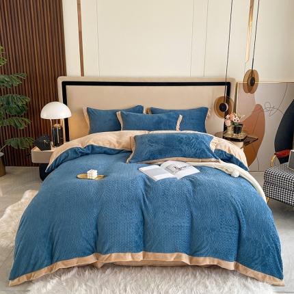 91家纺网 家纺一手货源 找家纺 铠畅 2022新款230克轻奢简约烂花绒牛奶绒剪花四件套 魅力熊-蓝