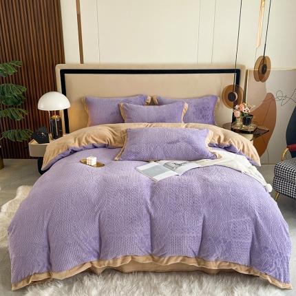 91家纺网 家纺一手货源 找家纺 铠畅 2022新款230克轻奢简约烂花绒牛奶绒剪花四件套 魅力熊-紫