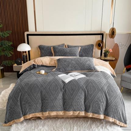 91家纺网 家纺一手货源 找家纺 铠畅 2022新款230克轻奢简约烂花绒牛奶绒剪花四件套 欧式经典-灰