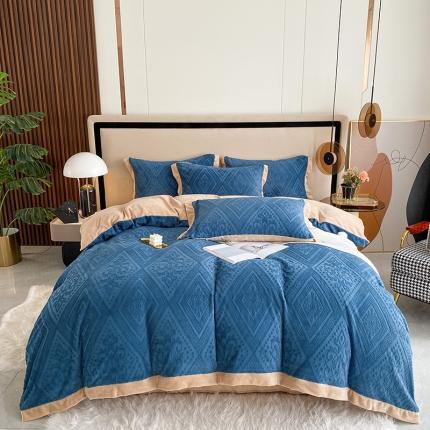 91家纺网 家纺一手货源 找家纺 铠畅 2022新款230克轻奢简约烂花绒牛奶绒剪花四件套 欧式经典-蓝