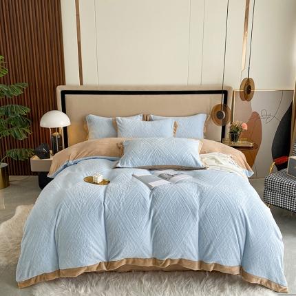 91家纺网 家纺一手货源 找家纺 铠畅 2022新款230克轻奢简约烂花绒牛奶绒剪花四件套 欧式经典-浅蓝