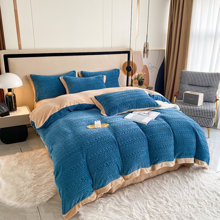 91家纺网 家纺一手货源 找家纺 铠畅 2022新款230克轻奢简约烂花绒牛奶绒剪花四件套 艾薇-蓝