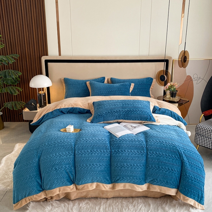 91家纺网 家纺一手货源 找家纺 铠畅 2022新款230克轻奢简约烂花绒牛奶绒剪花四件套 艾薇-蓝