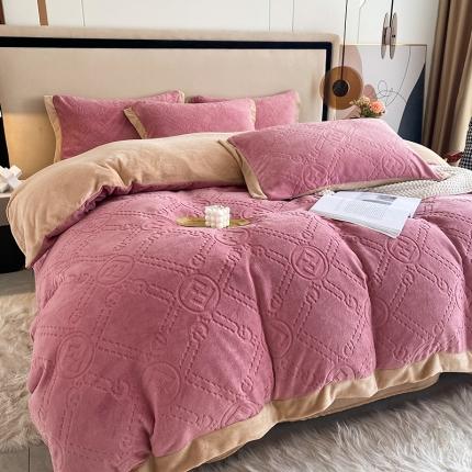 铠畅 2022新款230克轻奢简约烂花绒牛奶绒剪花四件套 巴伦-粉