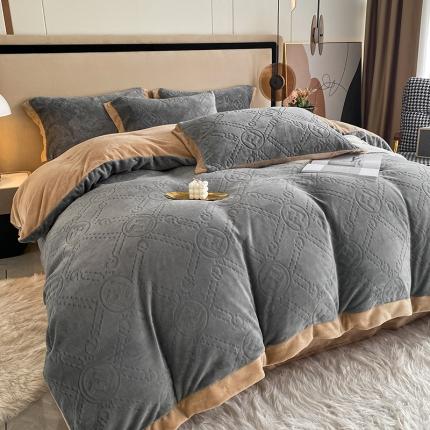 铠畅 2022新款230克轻奢简约烂花绒牛奶绒剪花四件套 巴伦-灰