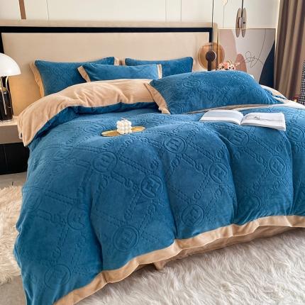 铠畅 2022新款230克轻奢简约烂花绒牛奶绒剪花四件套 巴伦-蓝