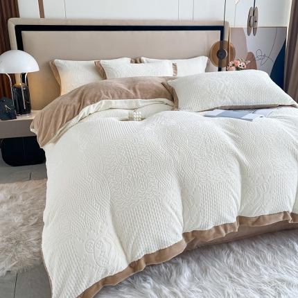 铠畅 2022新款230克轻奢简约烂花绒牛奶绒剪花四件套 魅力熊-白