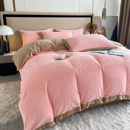 铠畅 2022新款230克轻奢简约烂花绒牛奶绒剪花四件套 魅力熊-粉