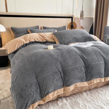 铠畅 2022新款230克轻奢简约烂花绒牛奶绒剪花四件套 魅力熊-灰