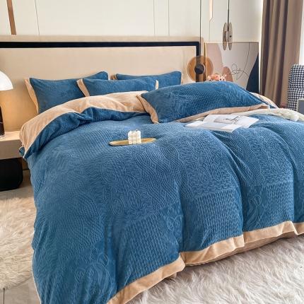 铠畅 2022新款230克轻奢简约烂花绒牛奶绒剪花四件套 魅力熊-蓝