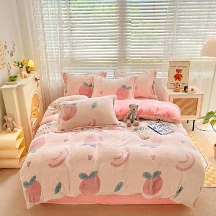 91家纺网 家纺一手货源 找家纺 苏拉  2023新款秋冬新款雪花绒牛奶绒四件套 桃之夭夭