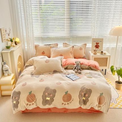 91家纺网 家纺一手货源 找家纺 苏拉  2023新款秋冬新款雪花绒牛奶绒四件套 熊的果实