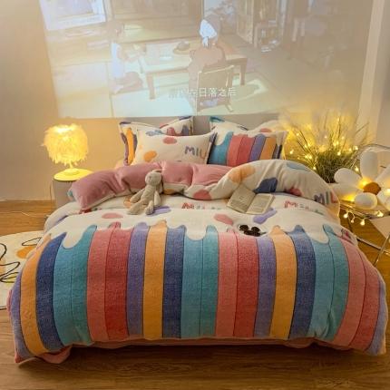 91家纺网 家纺一手货源 找家纺 苏拉  2023新款秋冬新款雪花绒牛奶绒四件套 彩虹漾