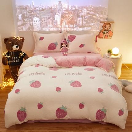 91家纺网 家纺一手货源 找家纺 苏拉  2023新款秋冬新款雪花绒牛奶绒四件套 草莓