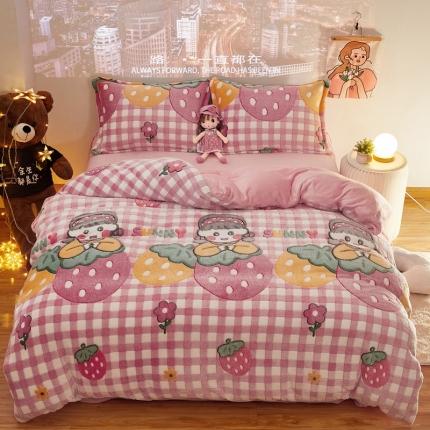 91家纺网 家纺一手货源 找家纺 苏拉  2023新款秋冬新款雪花绒牛奶绒四件套 草莓女孩