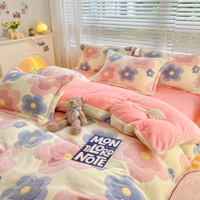 91家纺网 家纺一手货源 找家纺 苏拉  2023新款秋冬新款雪花绒牛奶绒四件套 繁花