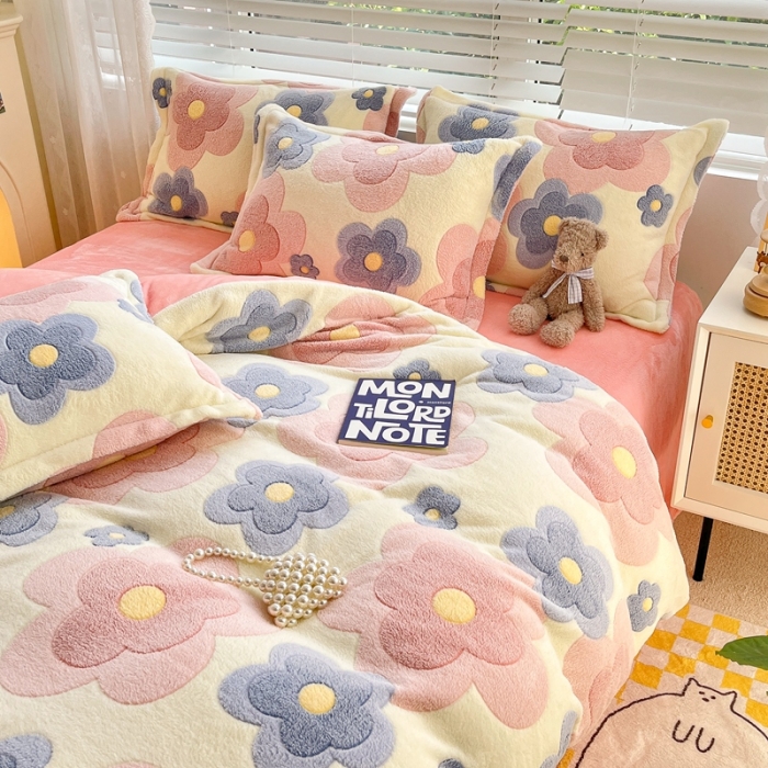 91家纺网 家纺一手货源 找家纺 苏拉  2023新款秋冬新款雪花绒牛奶绒四件套 繁花