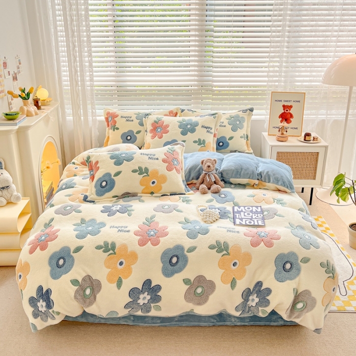 91家纺网 家纺一手货源 找家纺 苏拉  2023新款秋冬新款雪花绒牛奶绒四件套 花儿朵朵