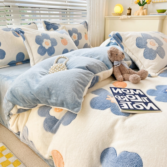 91家纺网 家纺一手货源 找家纺 苏拉  2023新款秋冬新款雪花绒牛奶绒四件套 橘子花