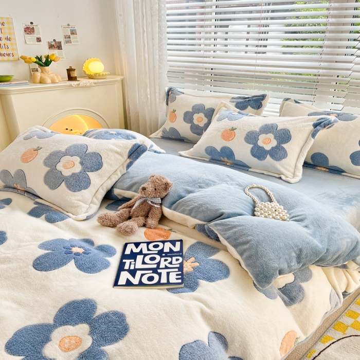 91家纺网 家纺一手货源 找家纺 苏拉  2023新款秋冬新款雪花绒牛奶绒四件套 橘子花