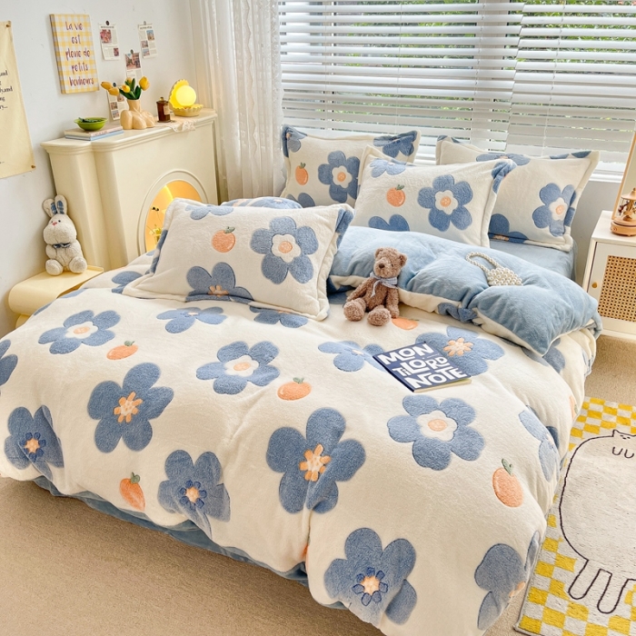 91家纺网 家纺一手货源 找家纺 苏拉  2023新款秋冬新款雪花绒牛奶绒四件套 橘子花