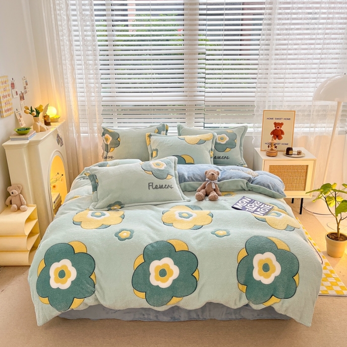 91家纺网 家纺一手货源 找家纺 苏拉  2023新款秋冬新款雪花绒牛奶绒四件套 太阳花