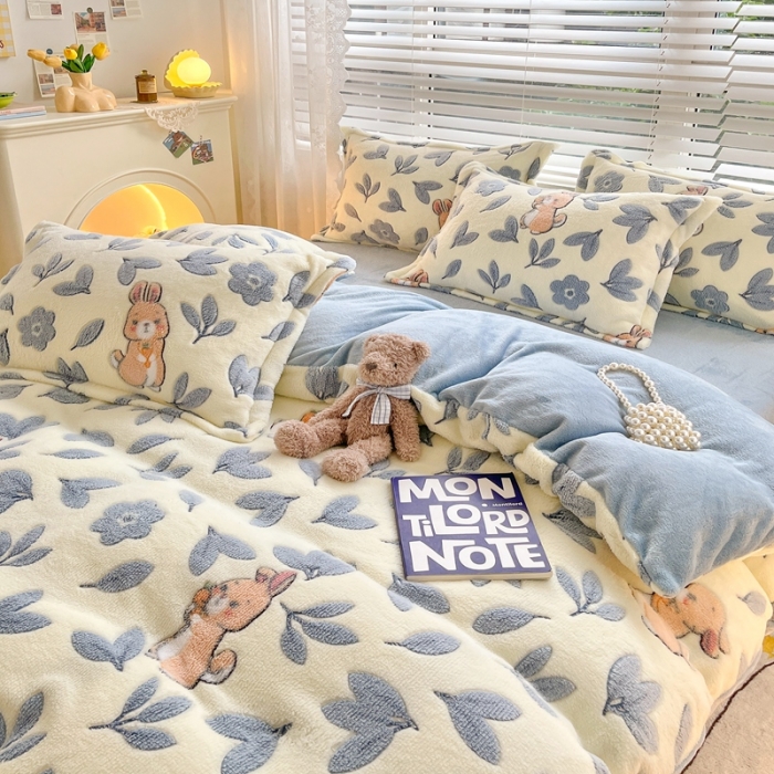 91家纺网 家纺一手货源 找家纺 苏拉  2023新款秋冬新款雪花绒牛奶绒四件套 田园兔