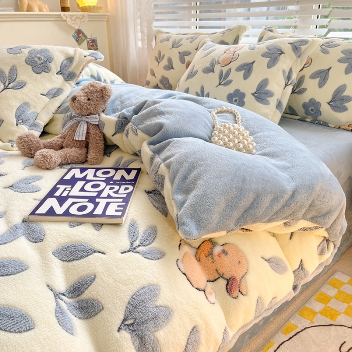 91家纺网 家纺一手货源 找家纺 苏拉  2023新款秋冬新款雪花绒牛奶绒四件套 田园兔