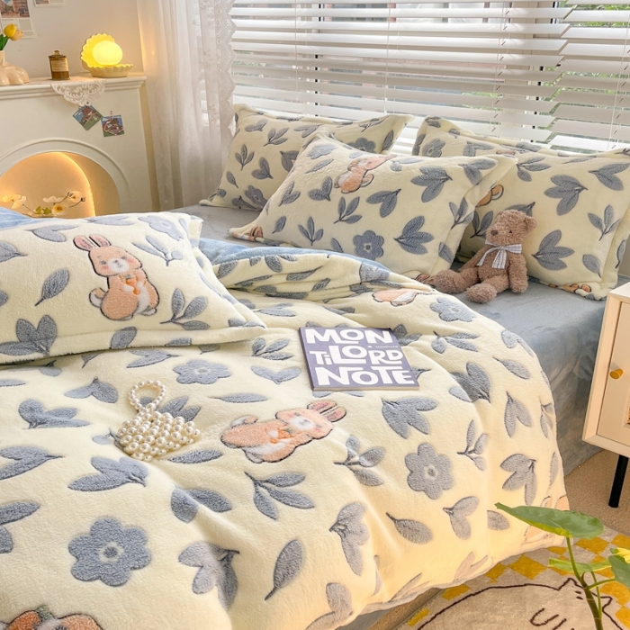 91家纺网 家纺一手货源 找家纺 苏拉  2023新款秋冬新款雪花绒牛奶绒四件套 田园兔