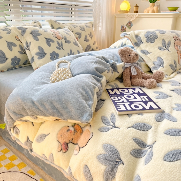 91家纺网 家纺一手货源 找家纺 苏拉  2023新款秋冬新款雪花绒牛奶绒四件套 田园兔