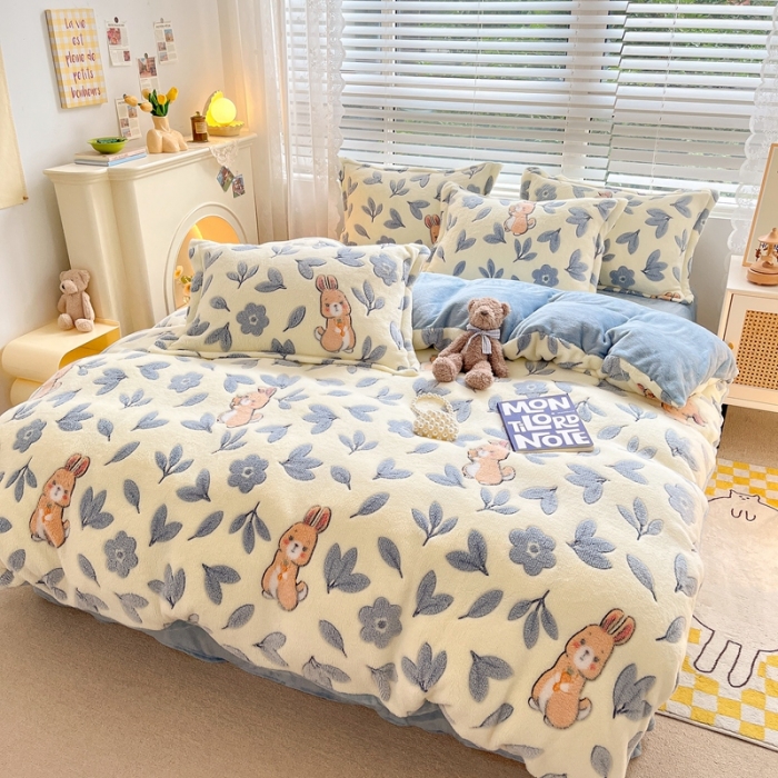 91家纺网 家纺一手货源 找家纺 苏拉  2023新款秋冬新款雪花绒牛奶绒四件套 田园兔