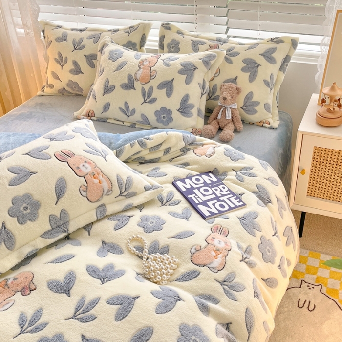 91家纺网 家纺一手货源 找家纺 苏拉  2023新款秋冬新款雪花绒牛奶绒四件套 田园兔