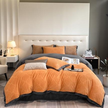 91家纺网 家纺一手货源 找家纺 金丝鸟 2022新款240g全消光牛奶绒宽边工艺雕花四件套 光年 桔色