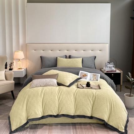 91家纺网 家纺一手货源 找家纺 金丝鸟 2022新款240g全消光牛奶绒宽边工艺雕花四件套 五律格 浅黄绿