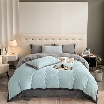 91家纺网 家纺一手货源 找家纺 金丝鸟 2022新款240g全消光牛奶绒宽边工艺雕花四件套 五律格 天蓝