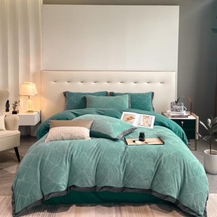 金丝鸟 2022新款240g全消光牛奶绒宽边工艺雕花四件套 光年 孔雀绿