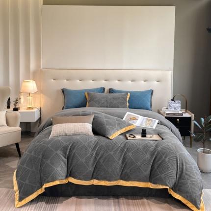 金丝鸟 2022新款240g全消光牛奶绒宽边工艺雕花四件套 光年 深灰