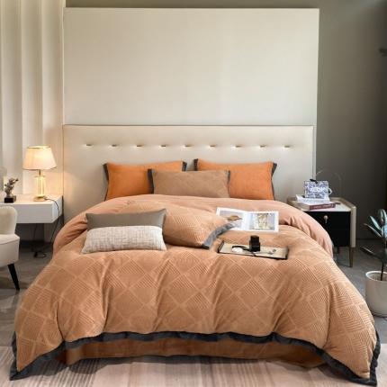 金丝鸟 2022新款240g全消光牛奶绒宽边工艺雕花四件套 光年 驼