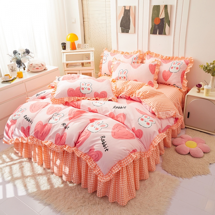 91家纺网 家纺一手货源 找家纺 艾裙海床笠 2025新款乐卡棉亲肤韩版小清新四件套 爱心兔