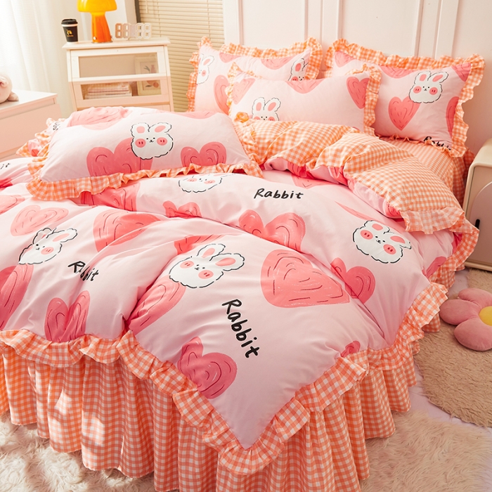 91家纺网 家纺一手货源 找家纺 艾裙海床笠 2025新款乐卡棉亲肤韩版小清新四件套 爱心兔