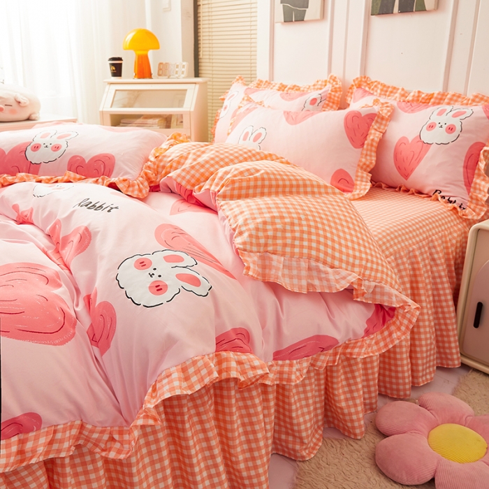 91家纺网 家纺一手货源 找家纺 艾裙海床笠 2025新款乐卡棉亲肤韩版小清新四件套 爱心兔