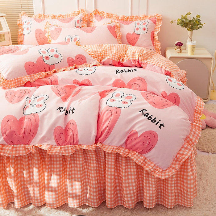 91家纺网 家纺一手货源 找家纺 艾裙海床笠 2025新款乐卡棉亲肤韩版小清新四件套 爱心兔