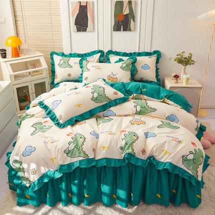 91家纺网 家纺一手货源 找家纺 艾裙海床笠 2025新款乐卡棉亲肤韩版小清新四件套 恐龙乐园