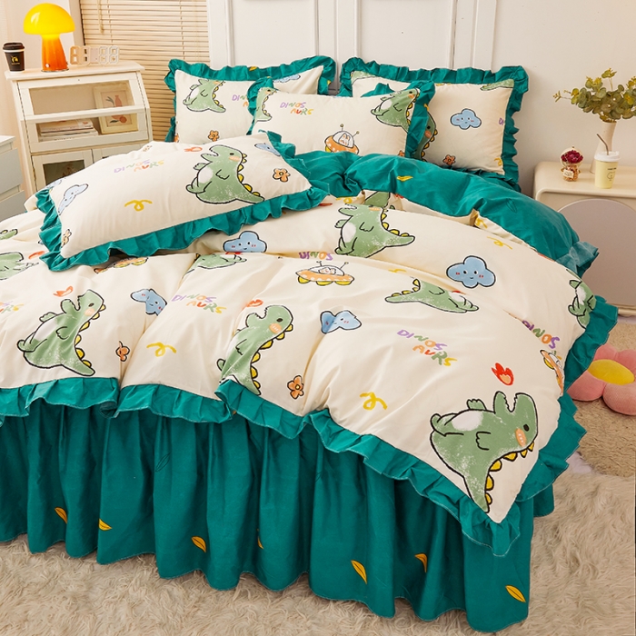 91家纺网 家纺一手货源 找家纺 艾裙海床笠 2025新款乐卡棉亲肤韩版小清新四件套 恐龙乐园