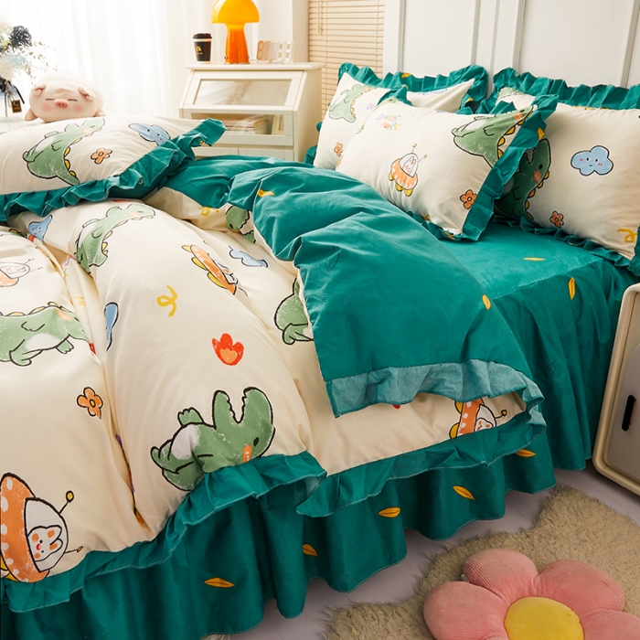 91家纺网 家纺一手货源 找家纺 艾裙海床笠 2025新款乐卡棉亲肤韩版小清新四件套 恐龙乐园