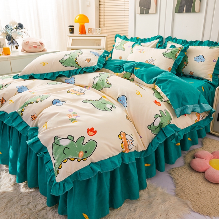 91家纺网 家纺一手货源 找家纺 艾裙海床笠 2025新款乐卡棉亲肤韩版小清新四件套 恐龙乐园