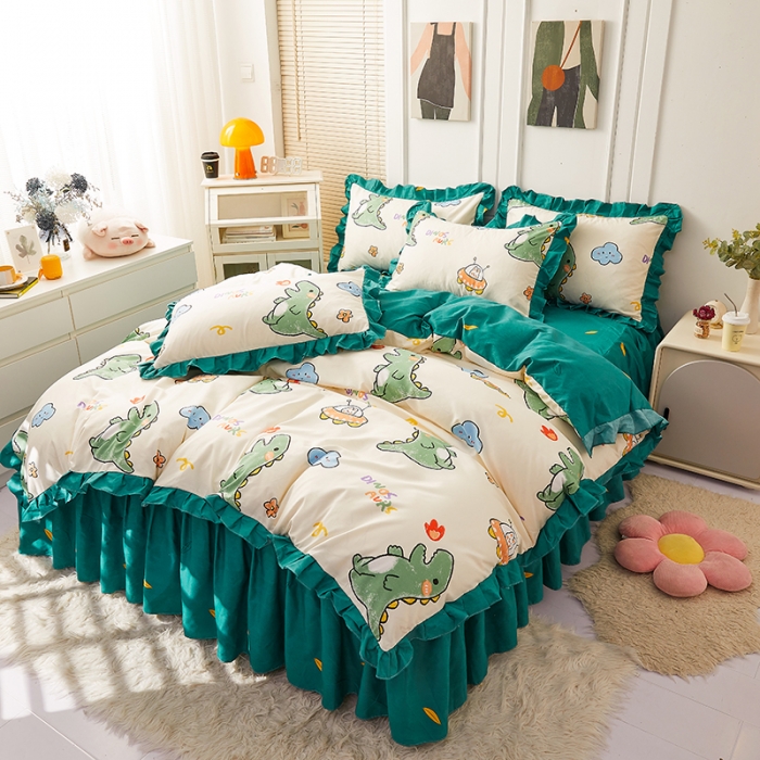 91家纺网 家纺一手货源 找家纺 艾裙海床笠 2025新款乐卡棉亲肤韩版小清新四件套 恐龙乐园